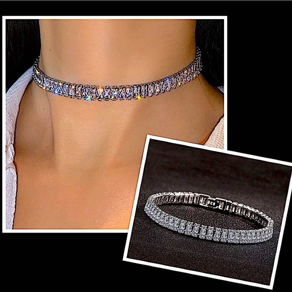Sterling Silver Baguette Crystal Choker Rhinestone Necklace Matching Bra…